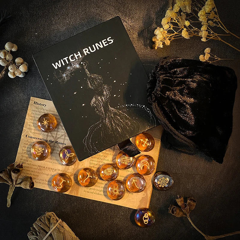 🔮 Witch’s Rune Kit – 13 Glass Stones for Daily Divination & Ritual Work