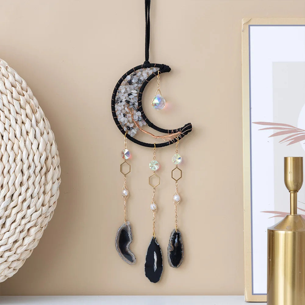 Crystal Moon Dreamcatcher 🌙 – Suncatcher & Wind Chime for Boho Rooms & Magical Spaces