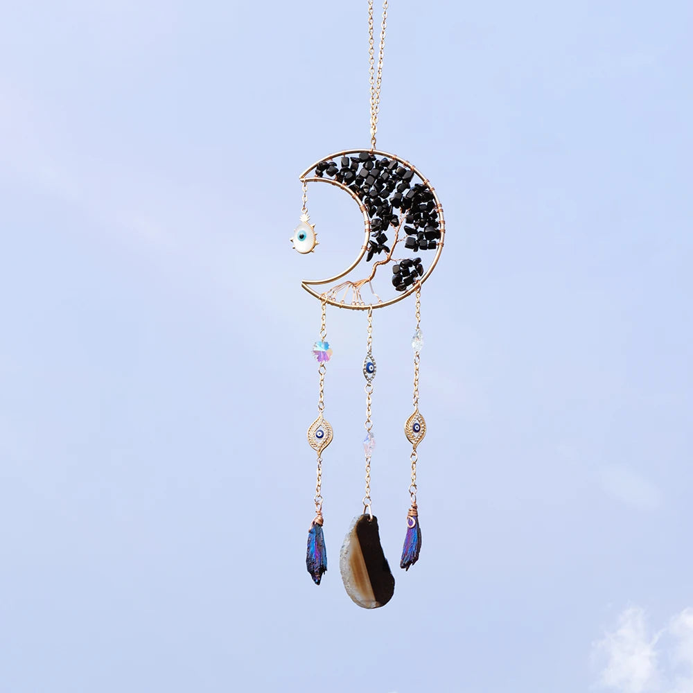 Crystal Moon Dreamcatcher 🌙 – Suncatcher & Wind Chime for Boho Rooms & Magical Spaces