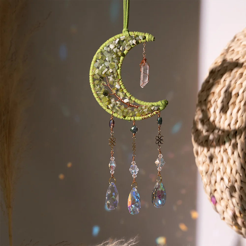 Crystal Moon Dreamcatcher 🌙 – Suncatcher & Wind Chime for Boho Rooms & Magical Spaces