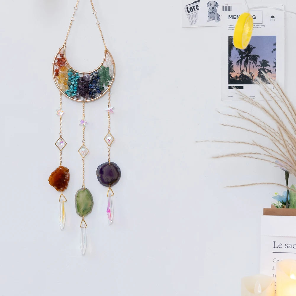 Crystal Moon Dreamcatcher 🌙 – Suncatcher & Wind Chime for Boho Rooms & Magical Spaces