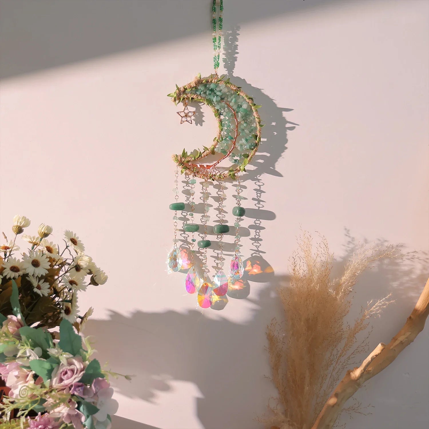 Crystal Moon Dreamcatcher 🌙 – Suncatcher & Wind Chime for Boho Rooms & Magical Spaces