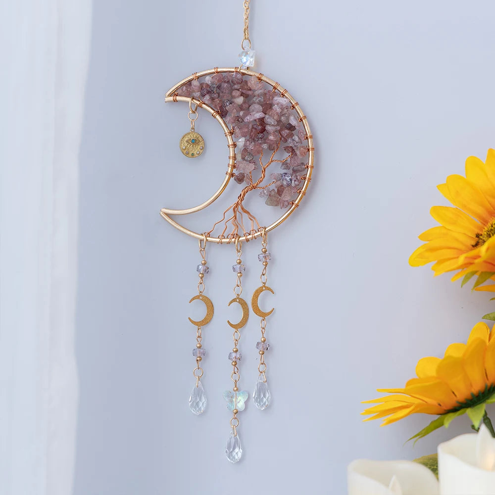 Crystal Moon Dreamcatcher 🌙 – Suncatcher & Wind Chime for Boho Rooms & Magical Spaces