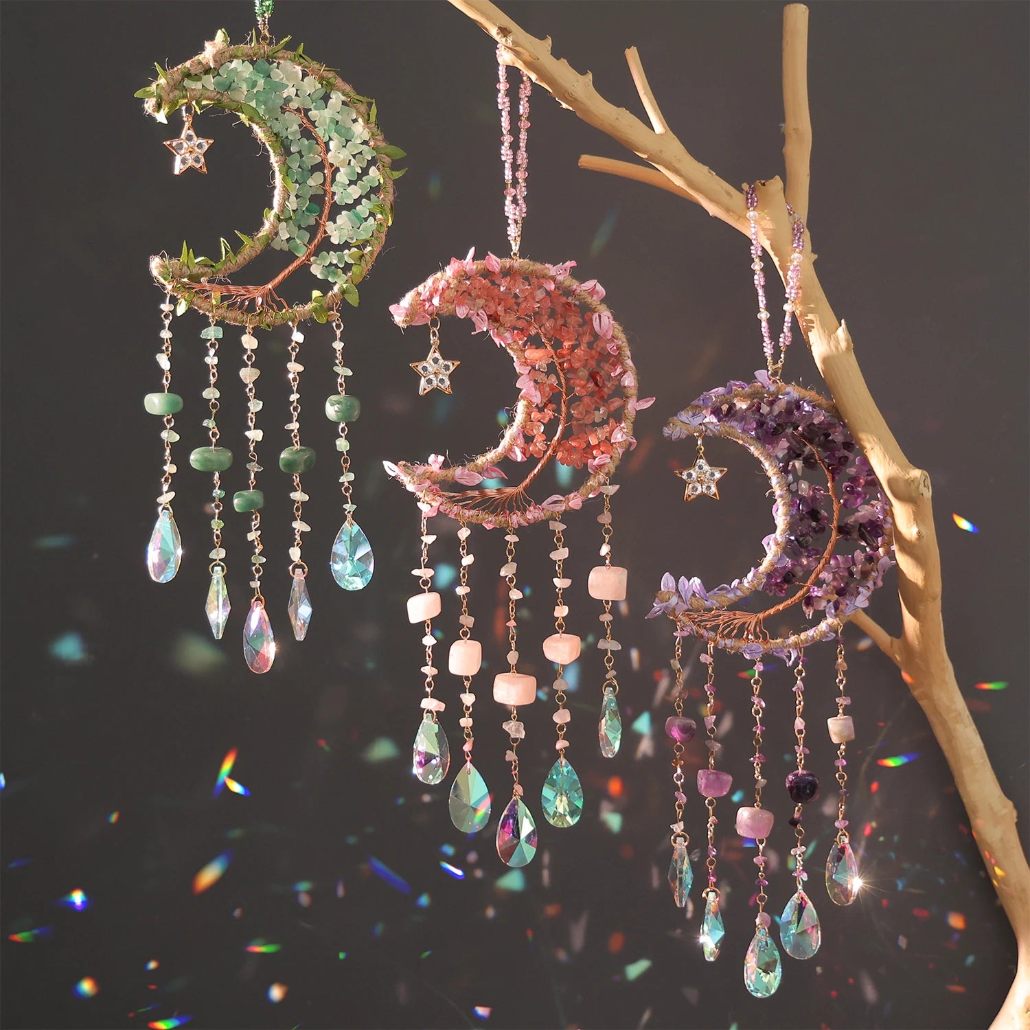 Crystal Moon Dreamcatcher 🌙 – Suncatcher & Wind Chime for Boho Rooms & Magical Spaces
