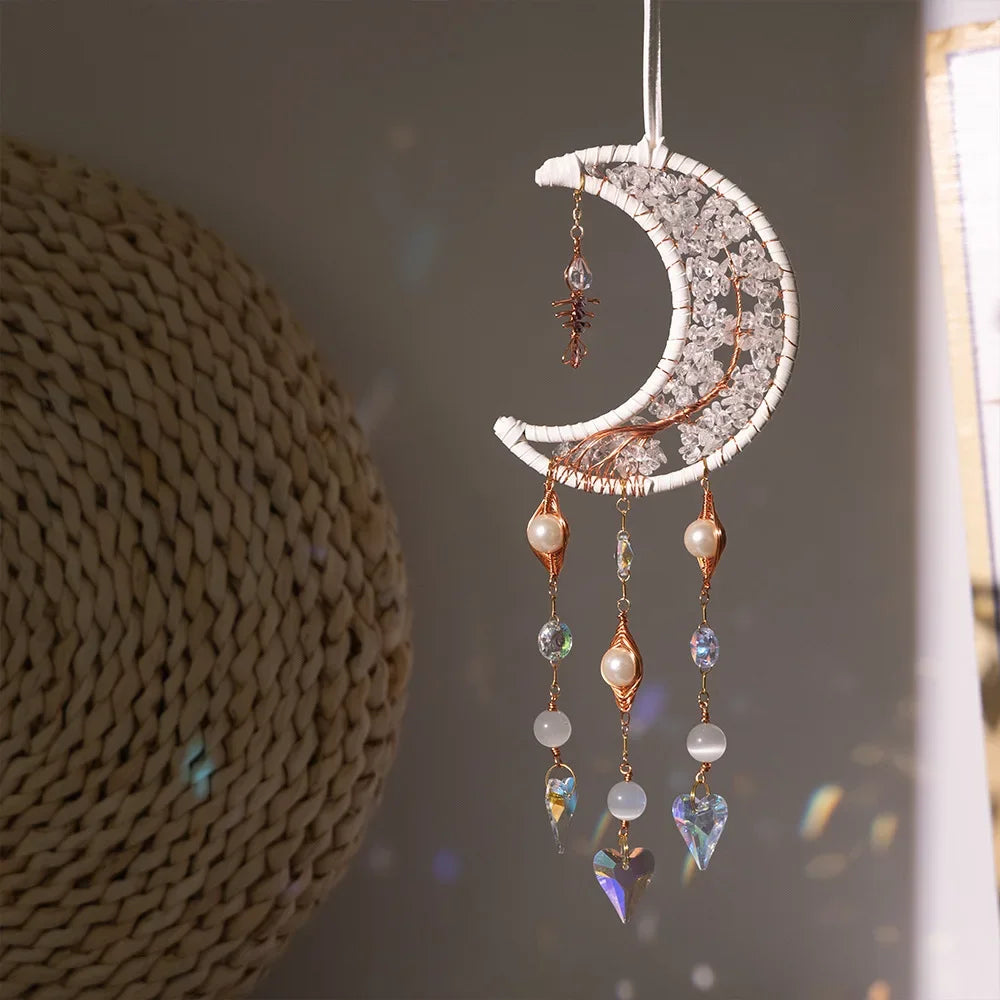 Crystal Moon Dreamcatcher 🌙 – Suncatcher & Wind Chime for Boho Rooms & Magical Spaces