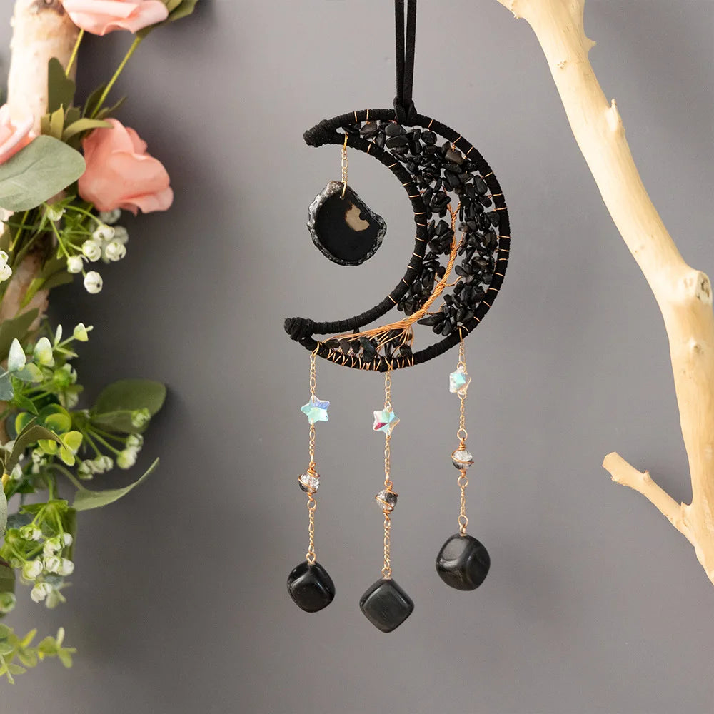 Crystal Moon Dreamcatcher 🌙 – Suncatcher & Wind Chime for Boho Rooms & Magical Spaces