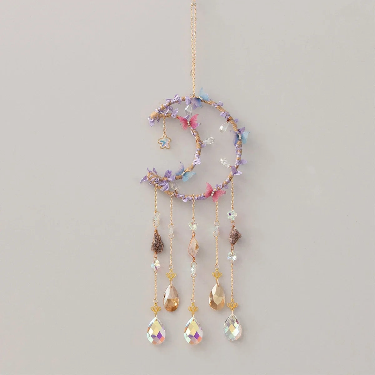 Crystal Moon Dreamcatcher 🌙 – Suncatcher & Wind Chime for Boho Rooms & Magical Spaces