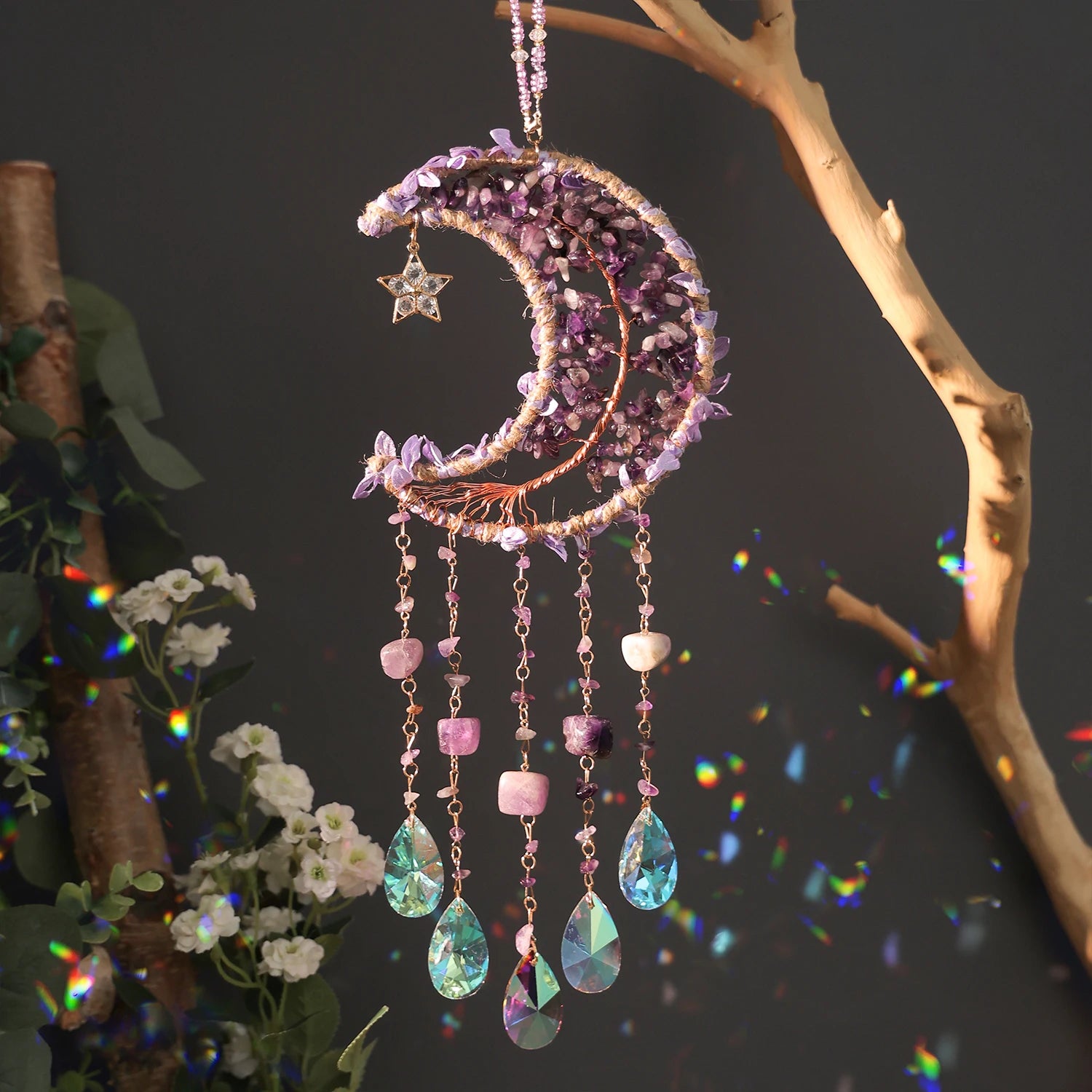 Crystal Moon Dreamcatcher 🌙 – Suncatcher & Wind Chime for Boho Rooms & Magical Spaces