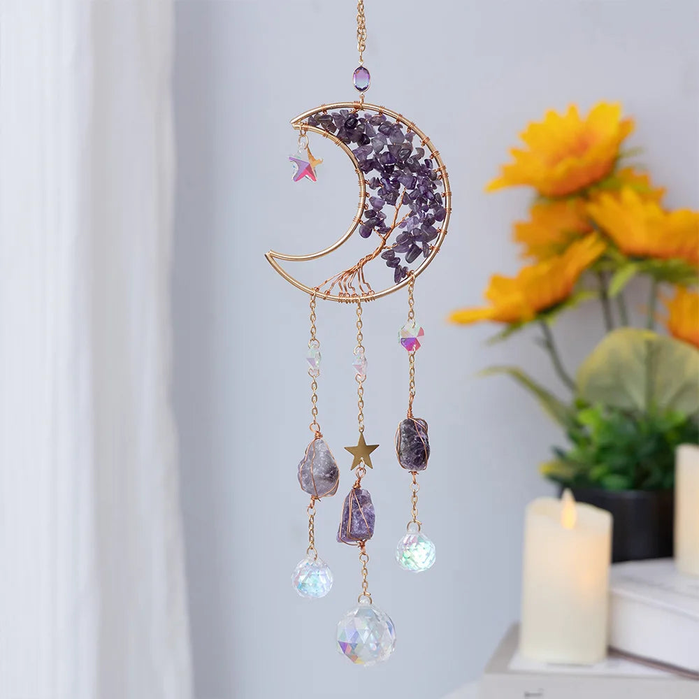 Crystal Moon Dreamcatcher 🌙 – Suncatcher & Wind Chime for Boho Rooms & Magical Spaces