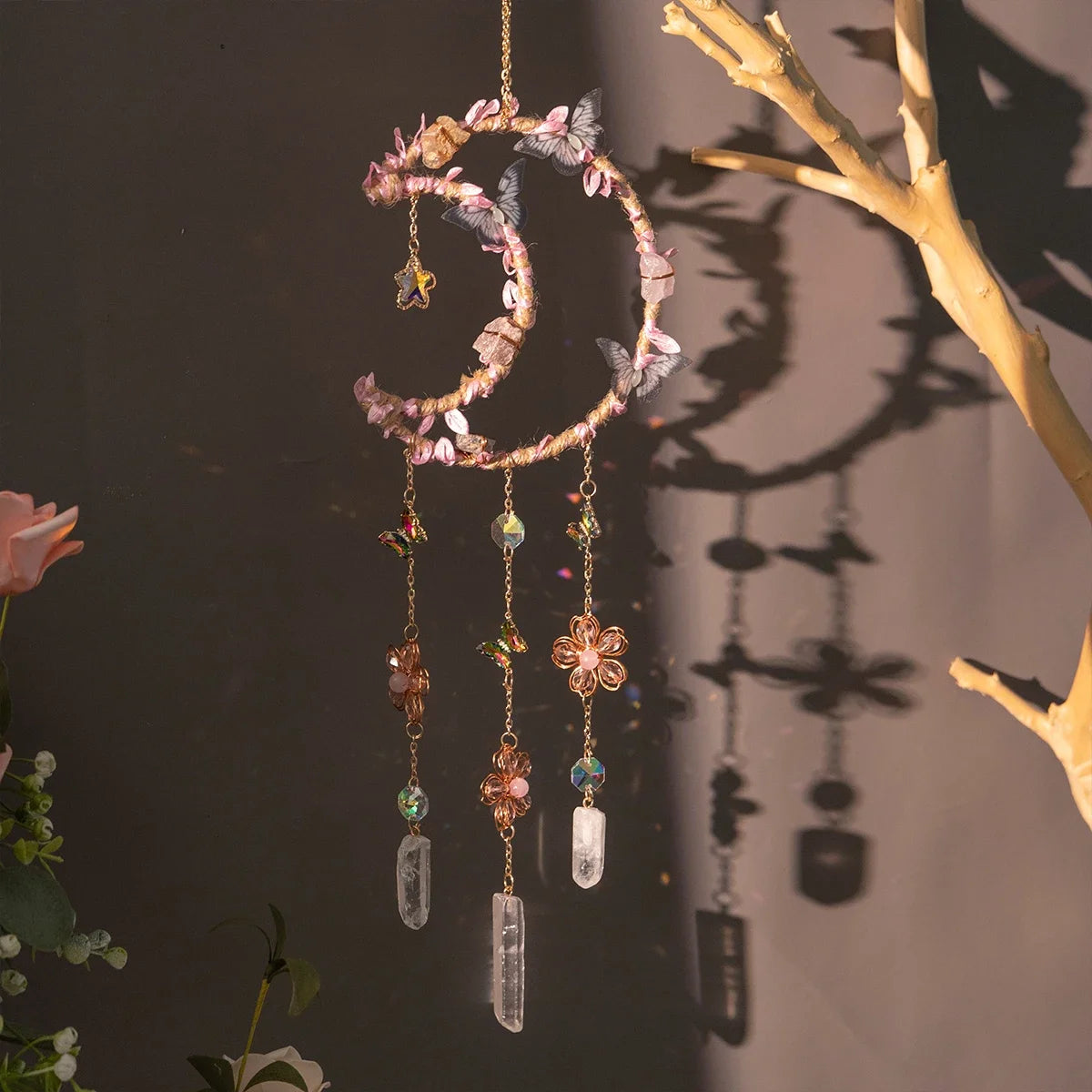 Crystal Moon Dreamcatcher 🌙 – Suncatcher & Wind Chime for Boho Rooms & Magical Spaces