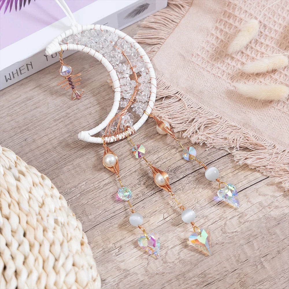 Crystal Moon Dreamcatcher 🌙 – Suncatcher & Wind Chime for Boho Rooms & Magical Spaces