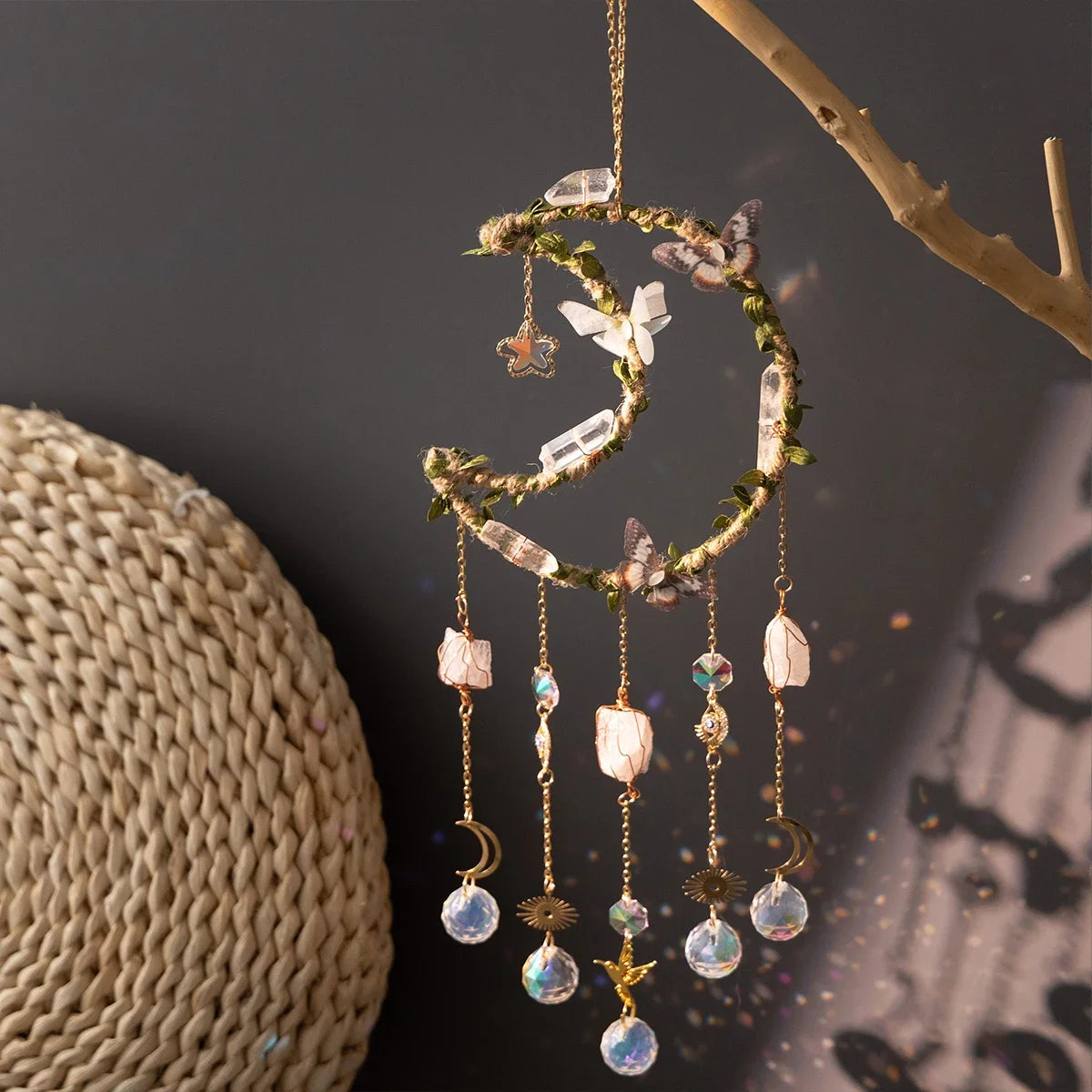 Crystal Moon Dreamcatcher 🌙 – Suncatcher & Wind Chime for Boho Rooms & Magical Spaces