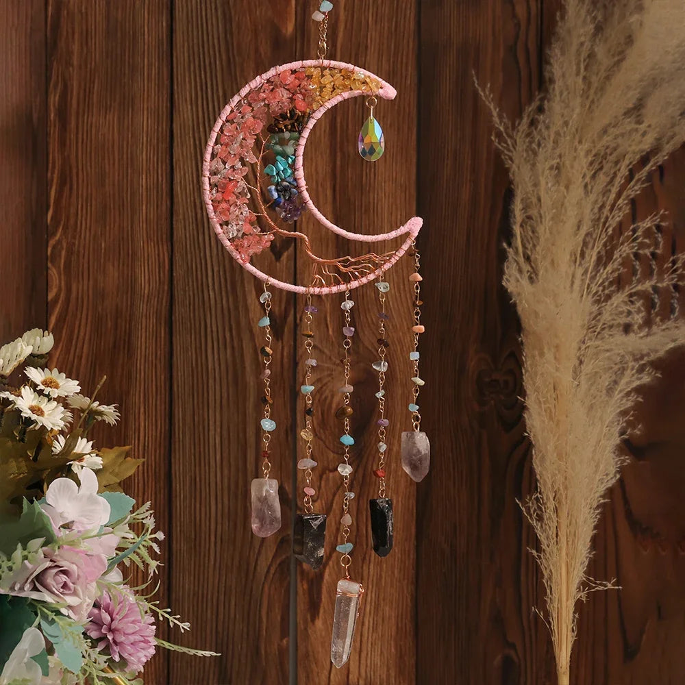 Crystal Moon Dreamcatcher 🌙 – Suncatcher & Wind Chime for Boho Rooms & Magical Spaces