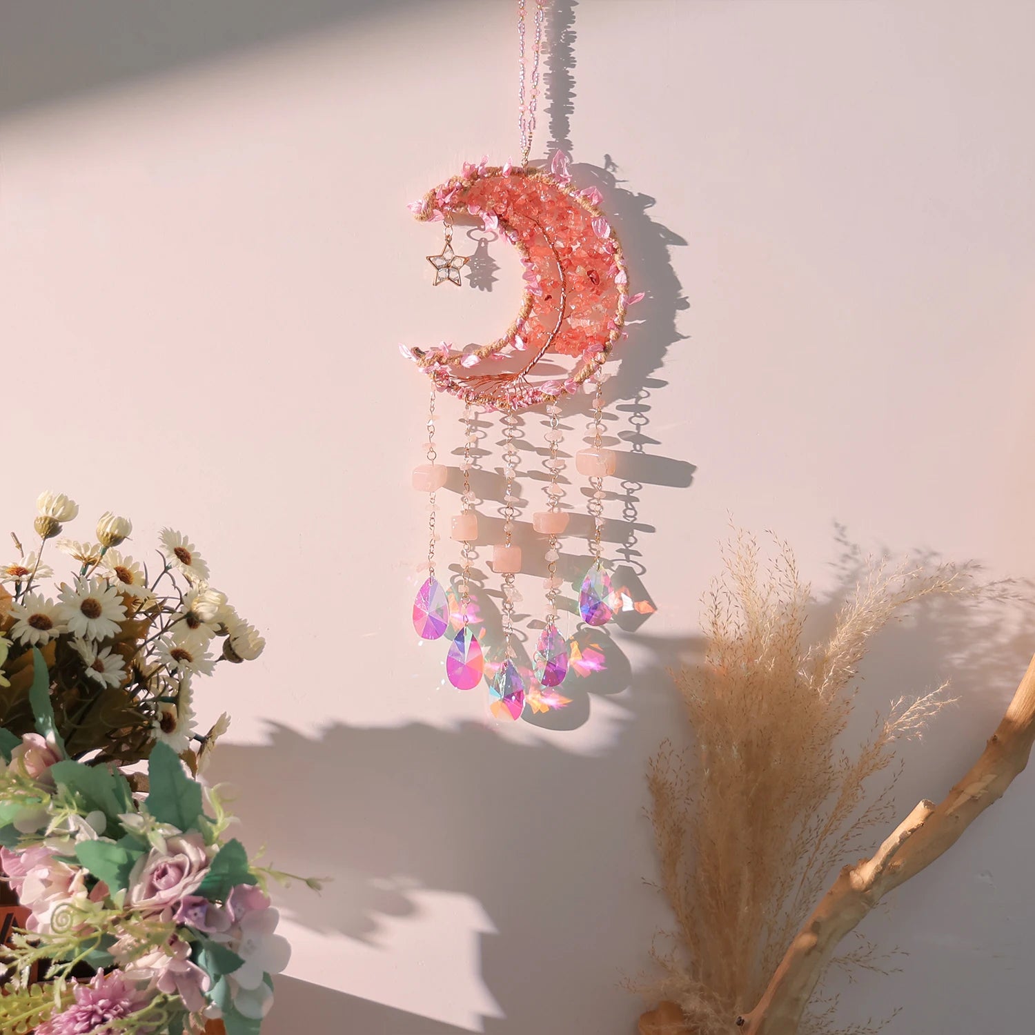 Crystal Moon Dreamcatcher 🌙 – Suncatcher & Wind Chime for Boho Rooms & Magical Spaces