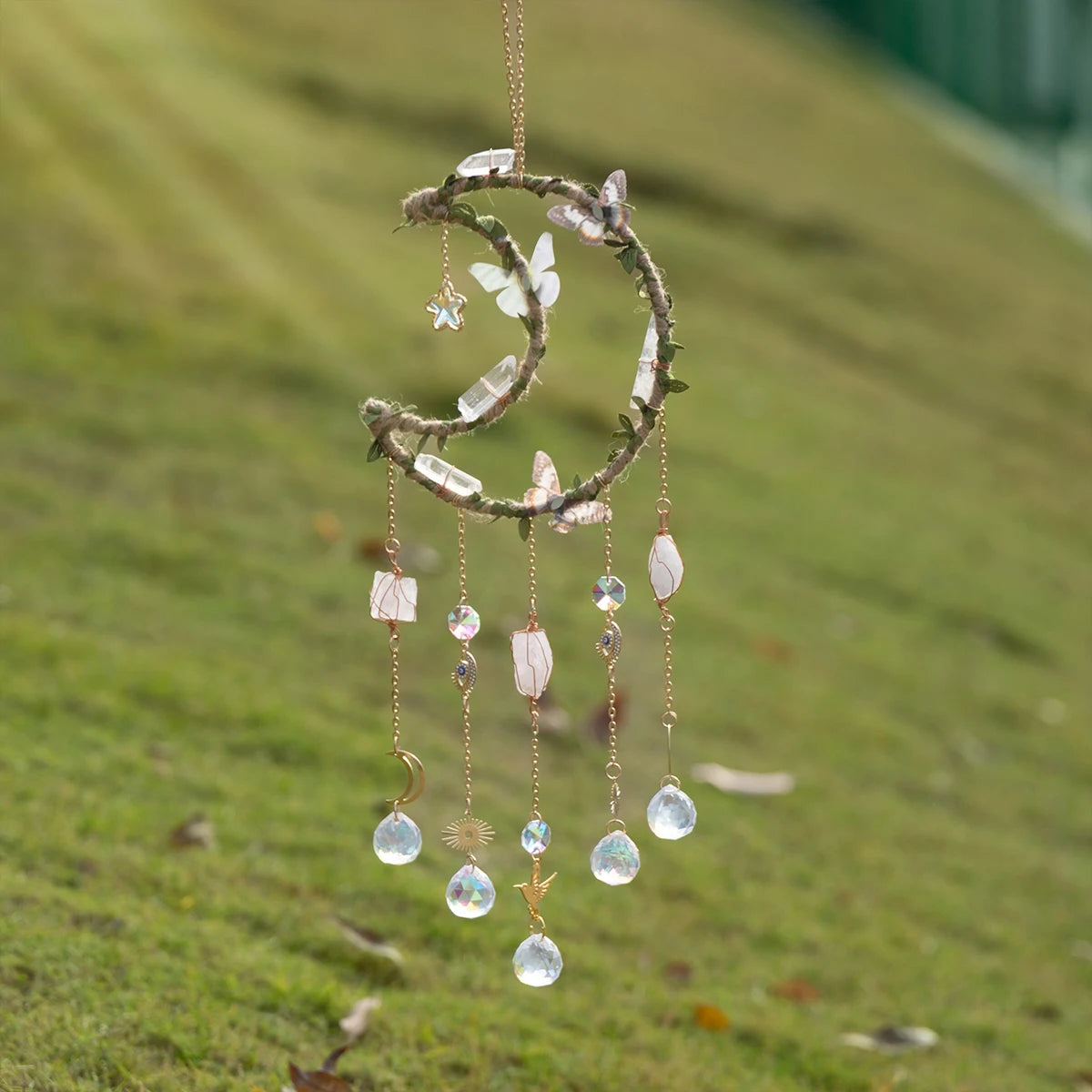 Crystal Moon Dreamcatcher 🌙 – Suncatcher & Wind Chime for Boho Rooms & Magical Spaces