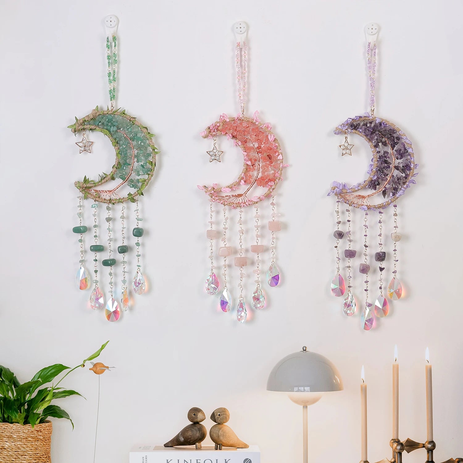 Crystal Moon Dreamcatcher 🌙 – Suncatcher & Wind Chime for Boho Rooms & Magical Spaces