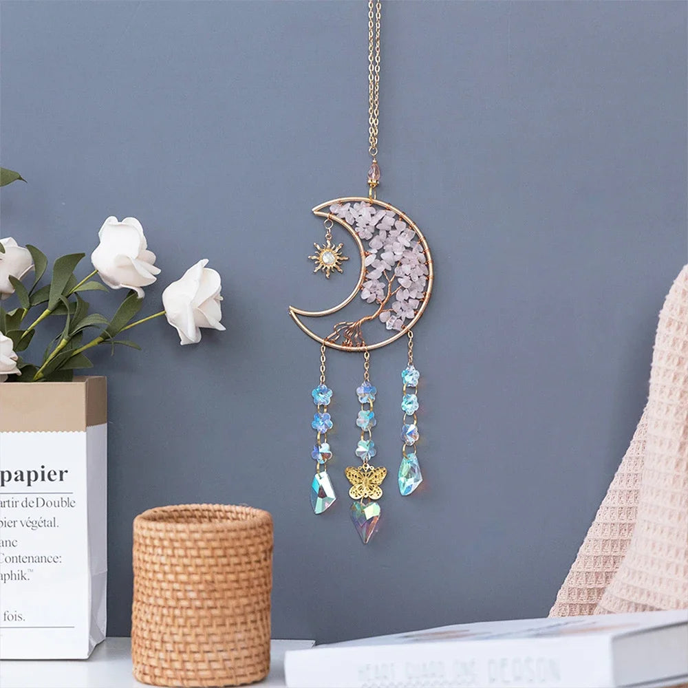 Crystal Moon Dreamcatcher 🌙 – Suncatcher & Wind Chime for Boho Rooms & Magical Spaces