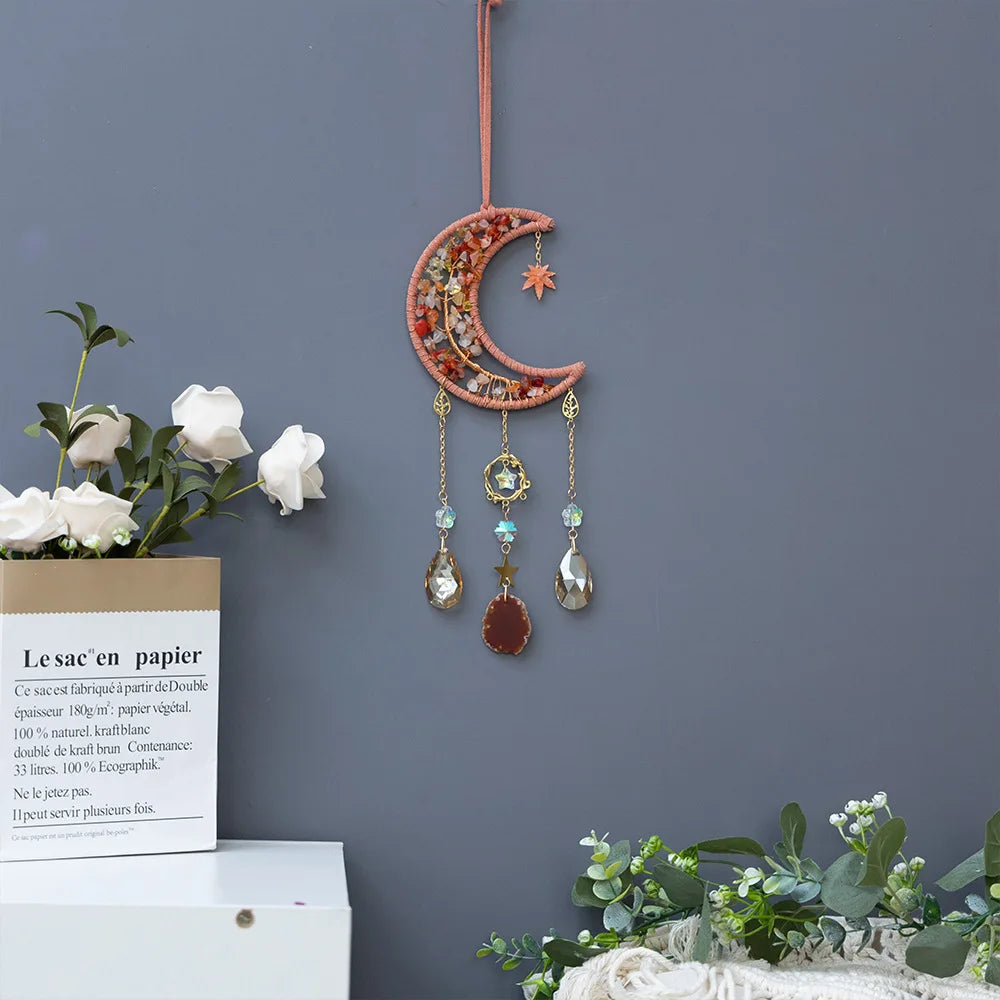 Crystal Moon Dreamcatcher 🌙 – Suncatcher & Wind Chime for Boho Rooms & Magical Spaces