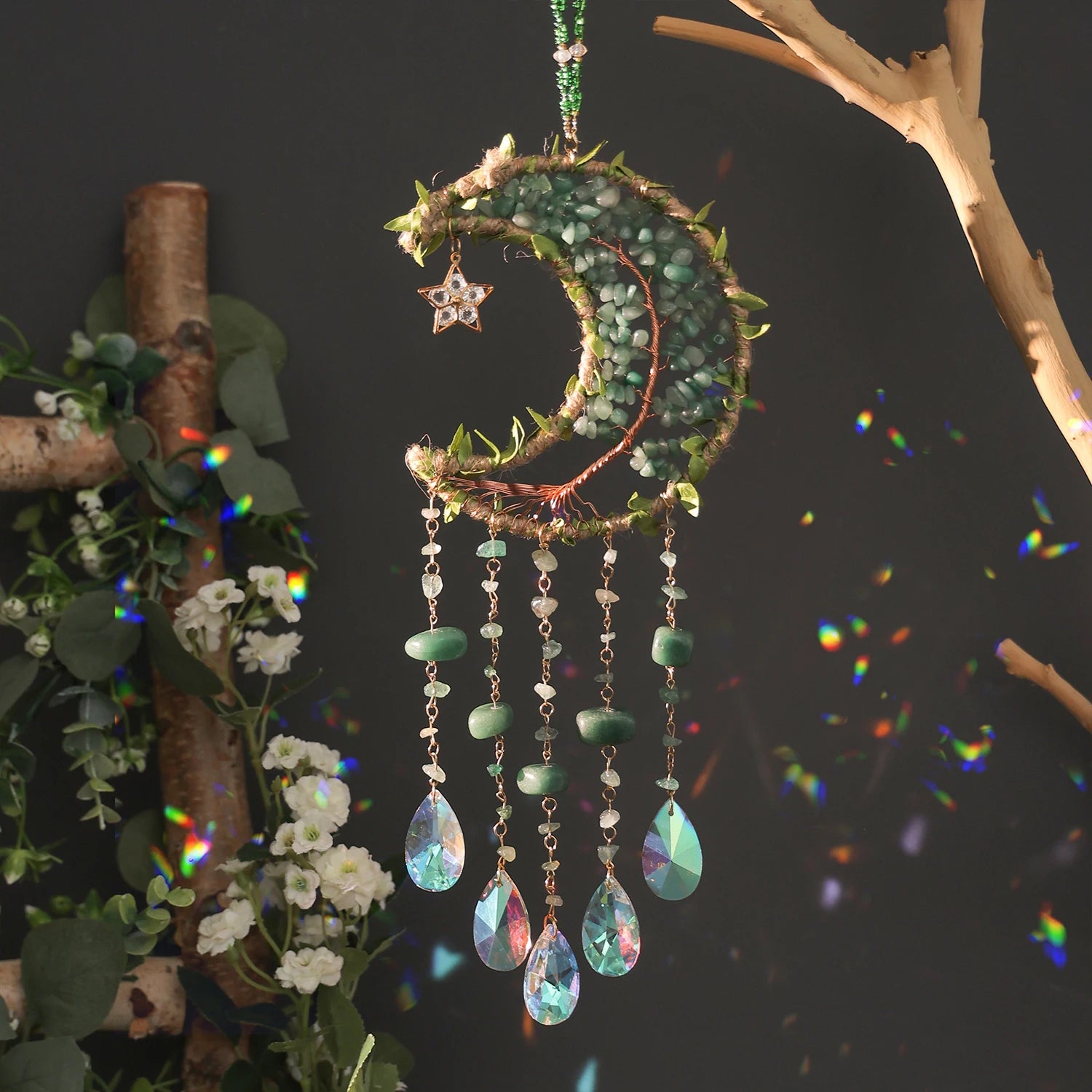 Crystal Moon Dreamcatcher 🌙 – Suncatcher & Wind Chime for Boho Rooms & Magical Spaces