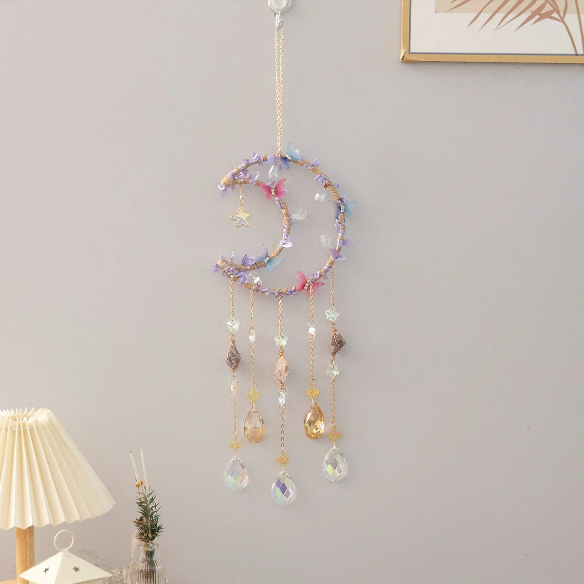 Crystal Moon Dreamcatcher 🌙 – Suncatcher & Wind Chime for Boho Rooms & Magical Spaces