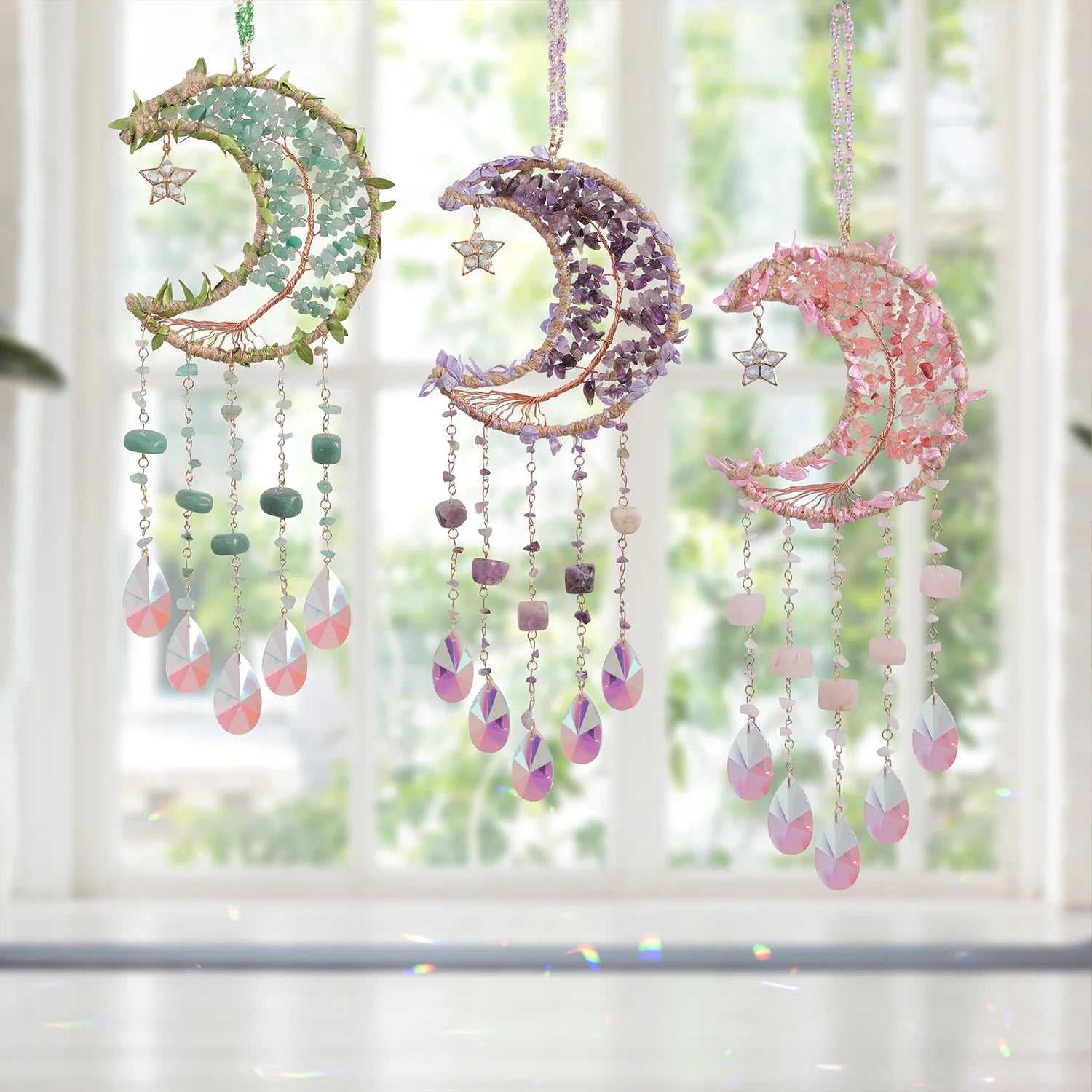Crystal Moon Dreamcatcher 🌙 – Suncatcher & Wind Chime for Boho Rooms & Magical Spaces