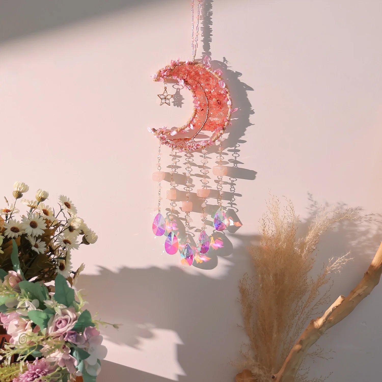 Crystal Moon Dreamcatcher 🌙 – Suncatcher & Wind Chime for Boho Rooms & Magical Spaces