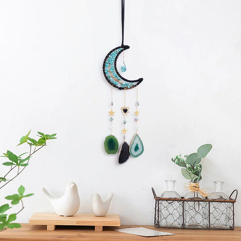 Crystal Moon Dreamcatcher 🌙 – Suncatcher & Wind Chime for Boho Rooms & Magical Spaces