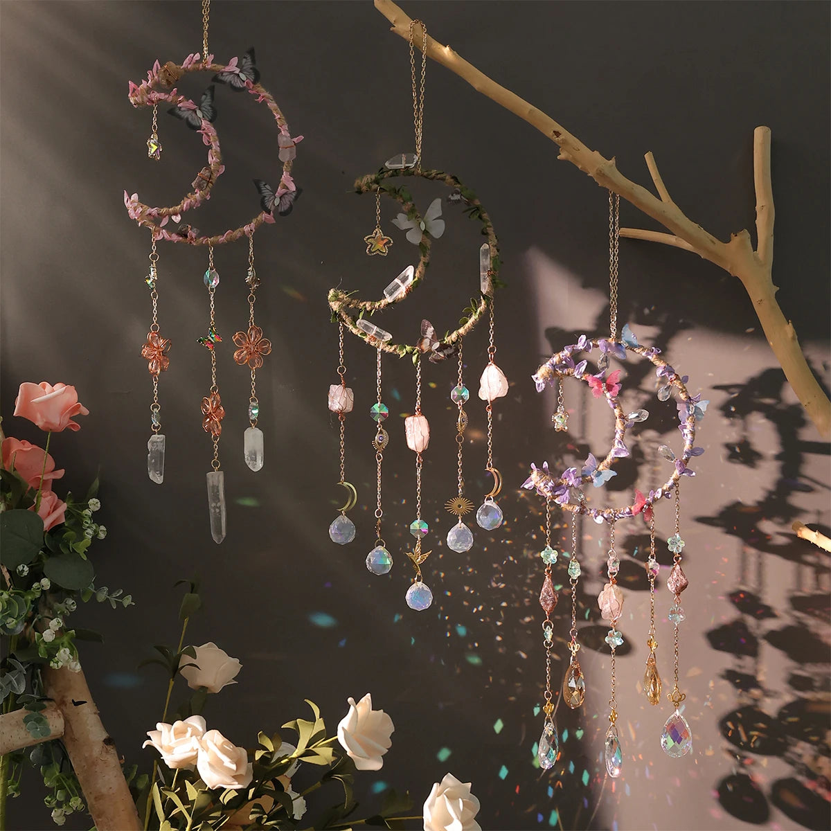 Crystal Moon Dreamcatcher 🌙 – Suncatcher & Wind Chime for Boho Rooms & Magical Spaces