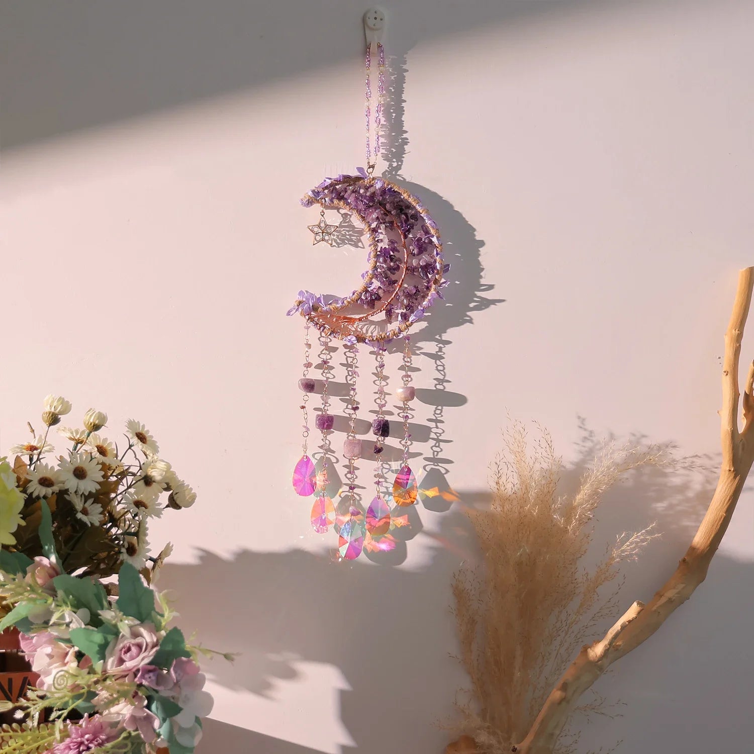 Crystal Moon Dreamcatcher 🌙 – Suncatcher & Wind Chime for Boho Rooms & Magical Spaces