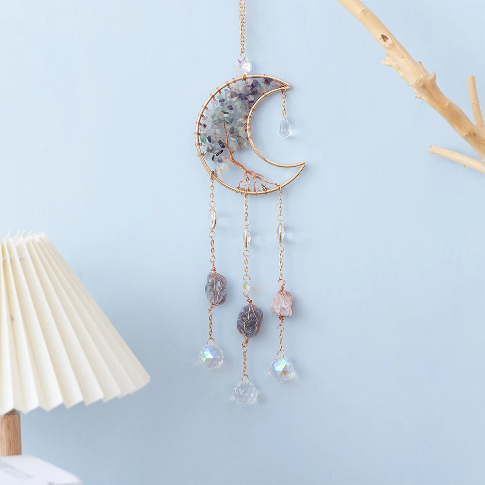 Crystal Moon Dreamcatcher 🌙 – Suncatcher & Wind Chime for Boho Rooms & Magical Spaces