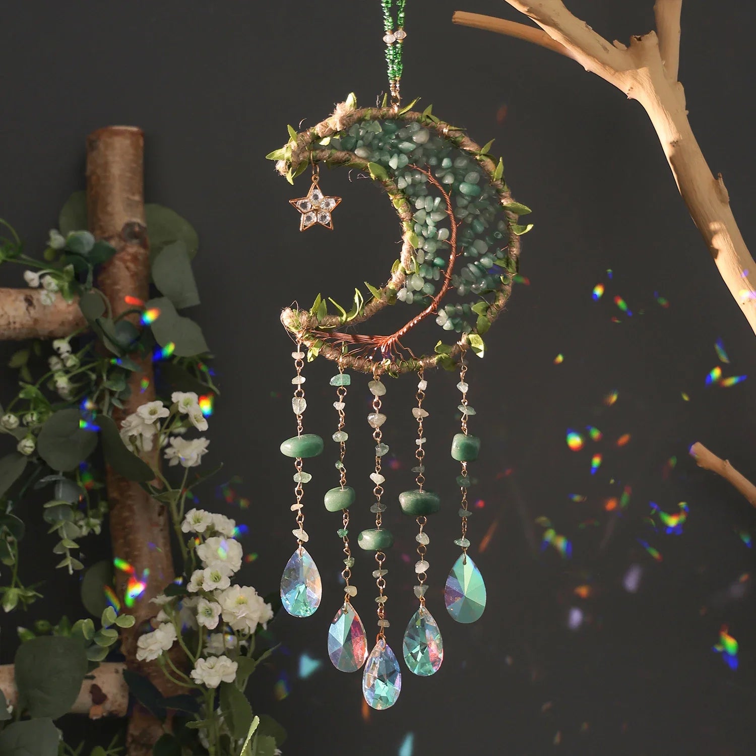Crystal Moon Dreamcatcher 🌙 – Suncatcher & Wind Chime for Boho Rooms & Magical Spaces