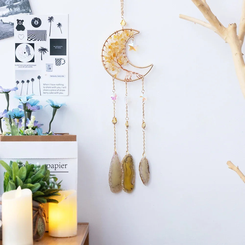 Crystal Moon Dreamcatcher 🌙 – Suncatcher & Wind Chime for Boho Rooms & Magical Spaces
