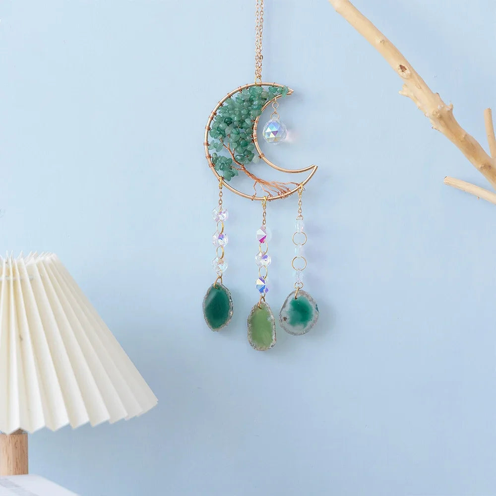 Crystal Moon Dreamcatcher 🌙 – Suncatcher & Wind Chime for Boho Rooms & Magical Spaces