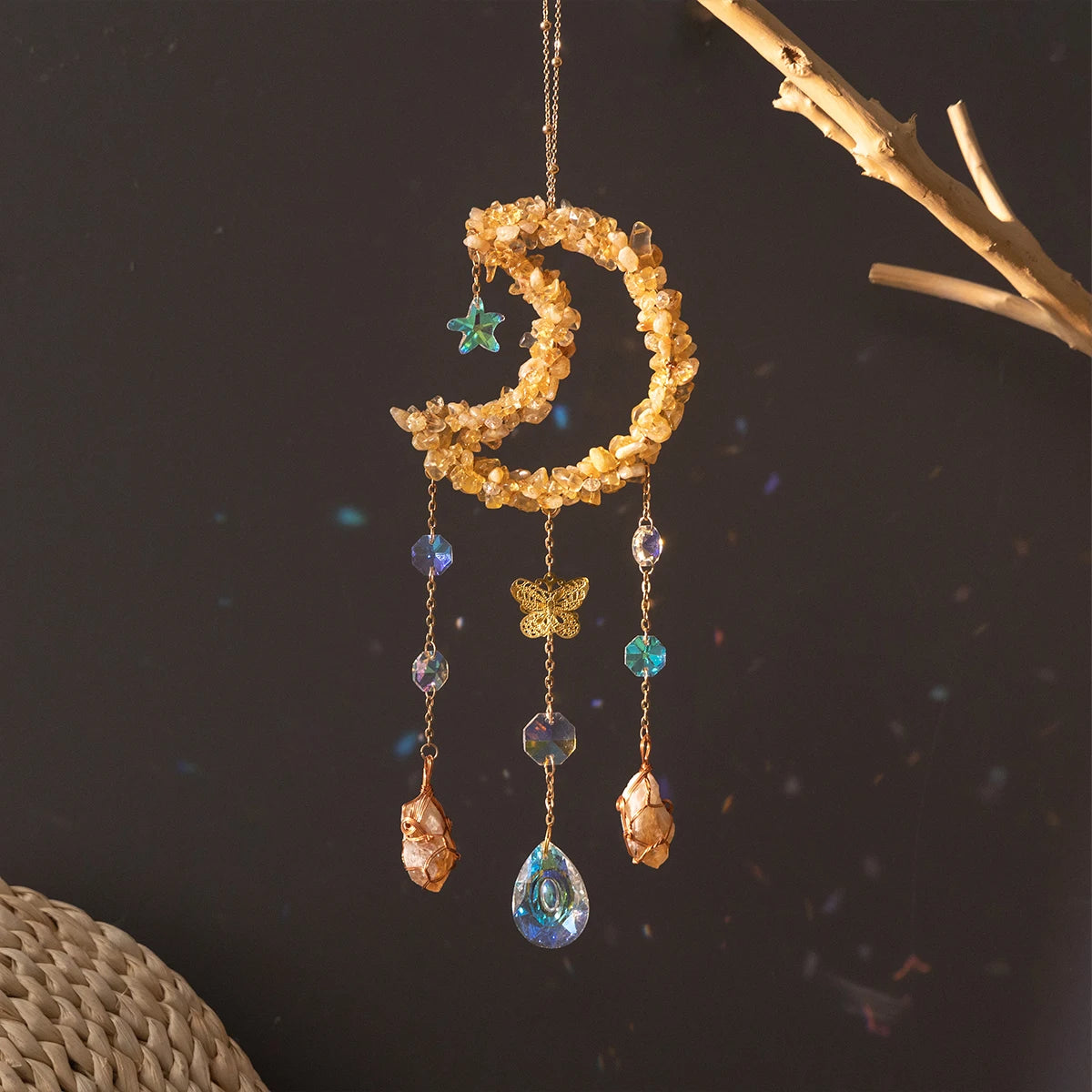 Crystal Moon Dreamcatcher 🌙 – Suncatcher & Wind Chime for Boho Rooms & Magical Spaces