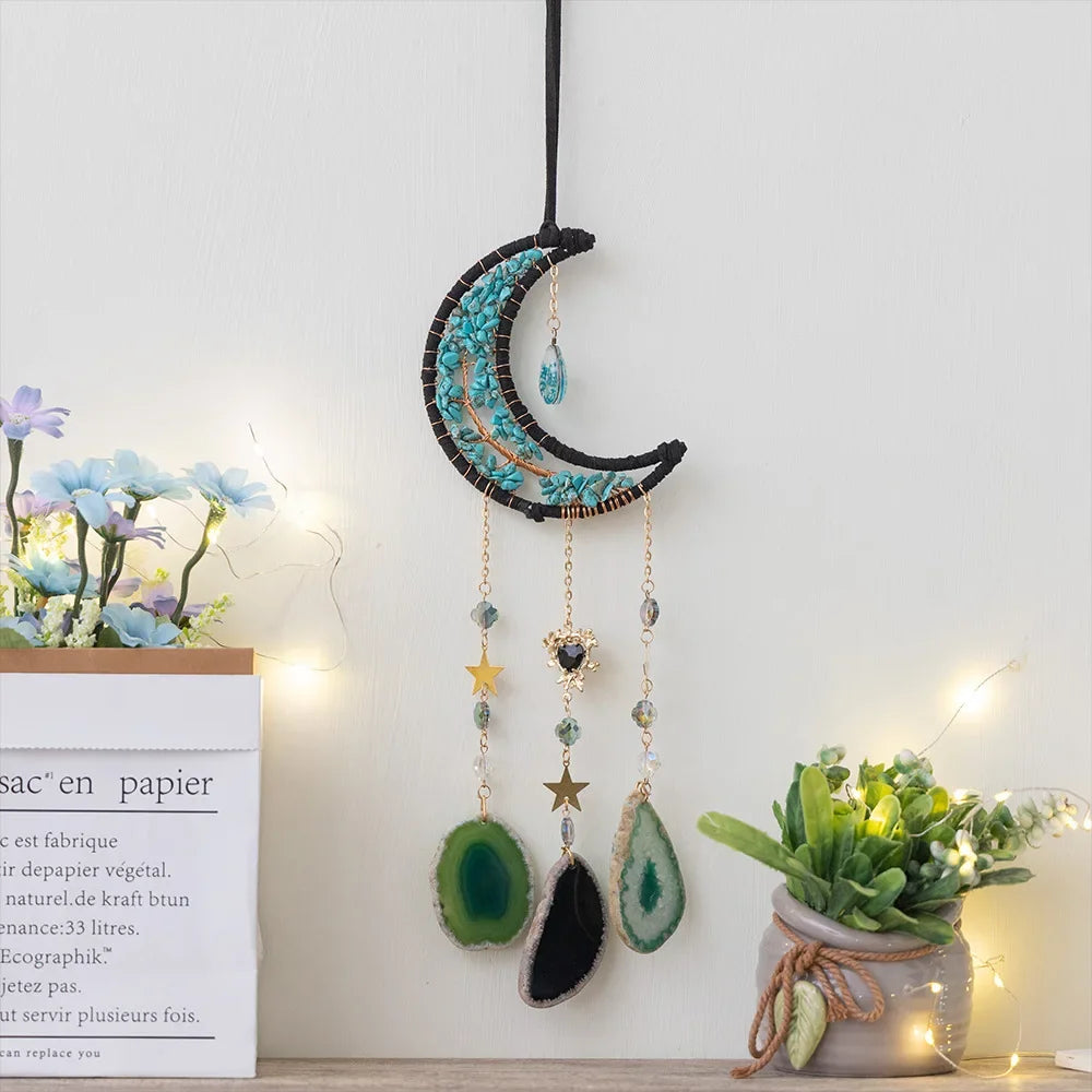 Crystal Moon Dreamcatcher 🌙 – Suncatcher & Wind Chime for Boho Rooms & Magical Spaces