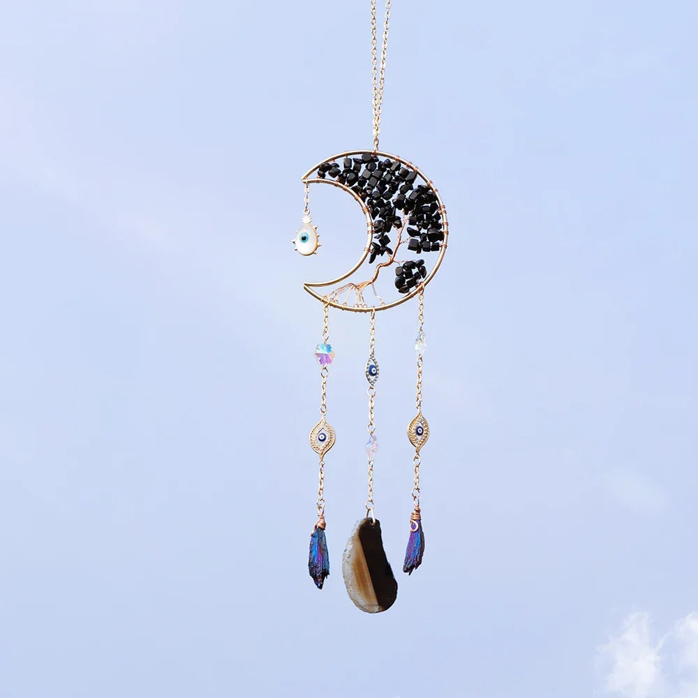 Crystal Moon Dreamcatcher 🌙 – Suncatcher & Wind Chime for Boho Rooms & Magical Spaces