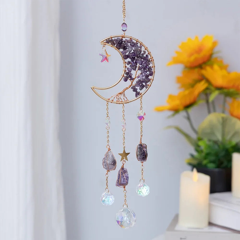 Crystal Moon Dreamcatcher 🌙 – Suncatcher & Wind Chime for Boho Rooms & Magical Spaces