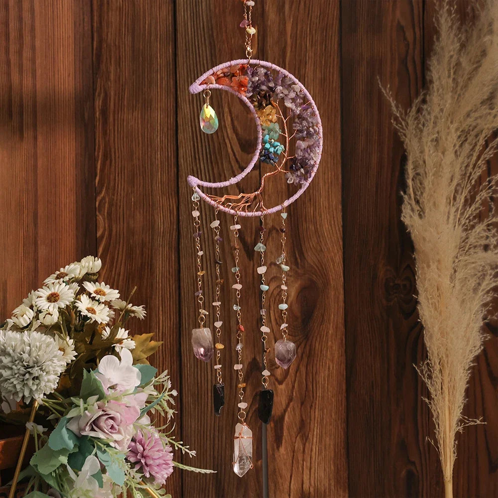 Crystal Moon Dreamcatcher 🌙 – Suncatcher & Wind Chime for Boho Rooms & Magical Spaces