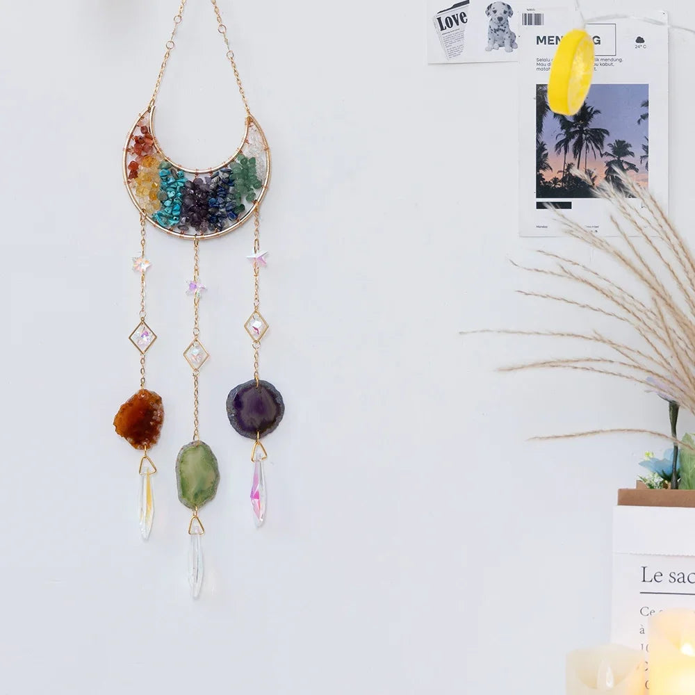 Crystal Moon Dreamcatcher 🌙 – Suncatcher & Wind Chime for Boho Rooms & Magical Spaces