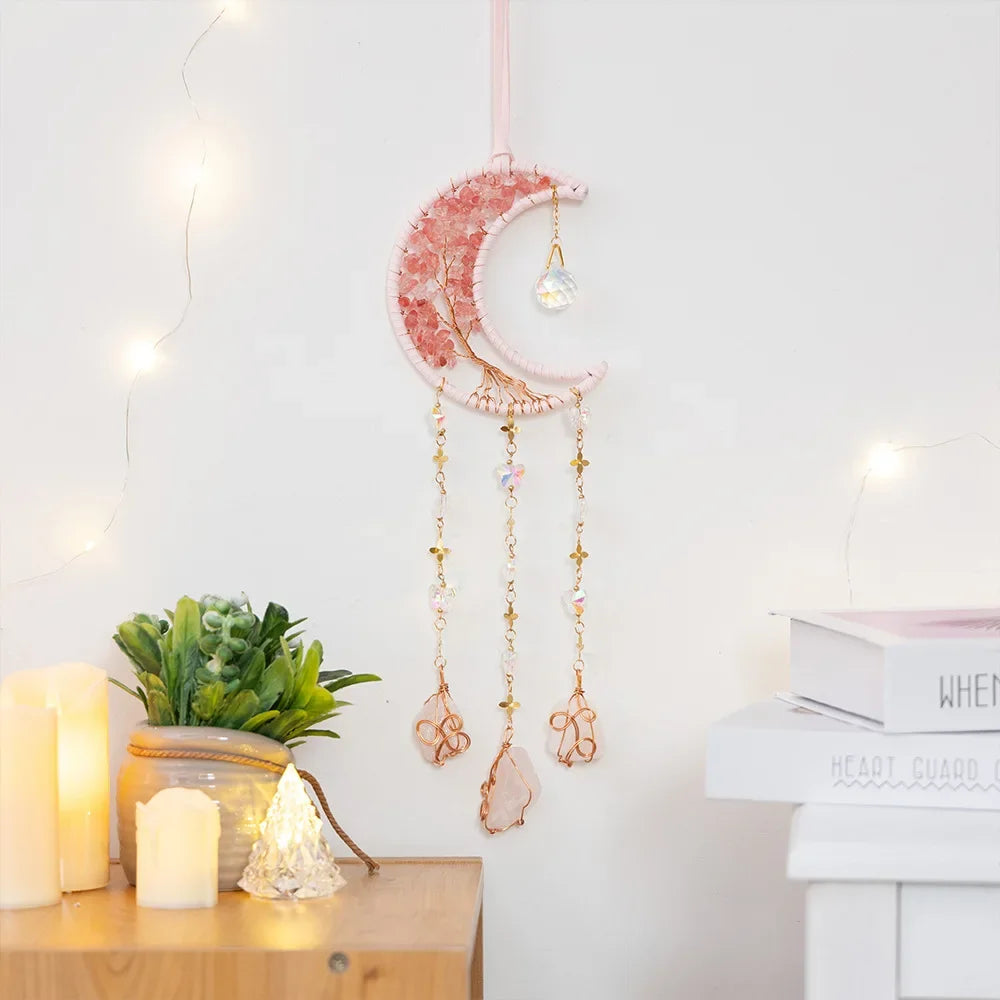 Crystal Moon Dreamcatcher 🌙 – Suncatcher & Wind Chime for Boho Rooms & Magical Spaces