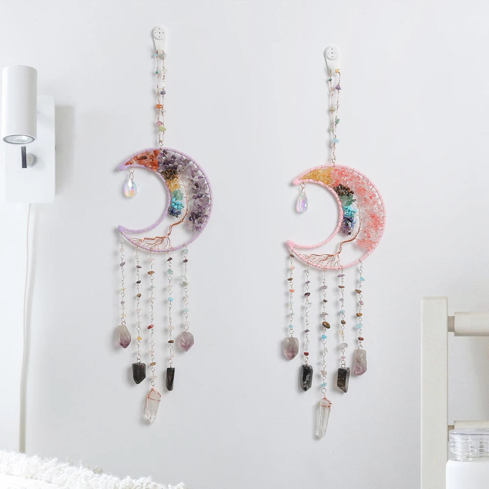 Crystal Moon Dreamcatcher 🌙 – Suncatcher & Wind Chime for Boho Rooms & Magical Spaces