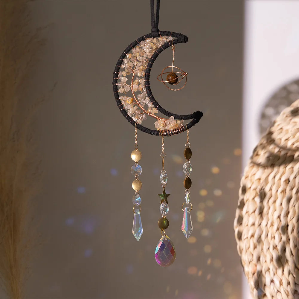Crystal Moon Dreamcatcher 🌙 – Suncatcher & Wind Chime for Boho Rooms & Magical Spaces