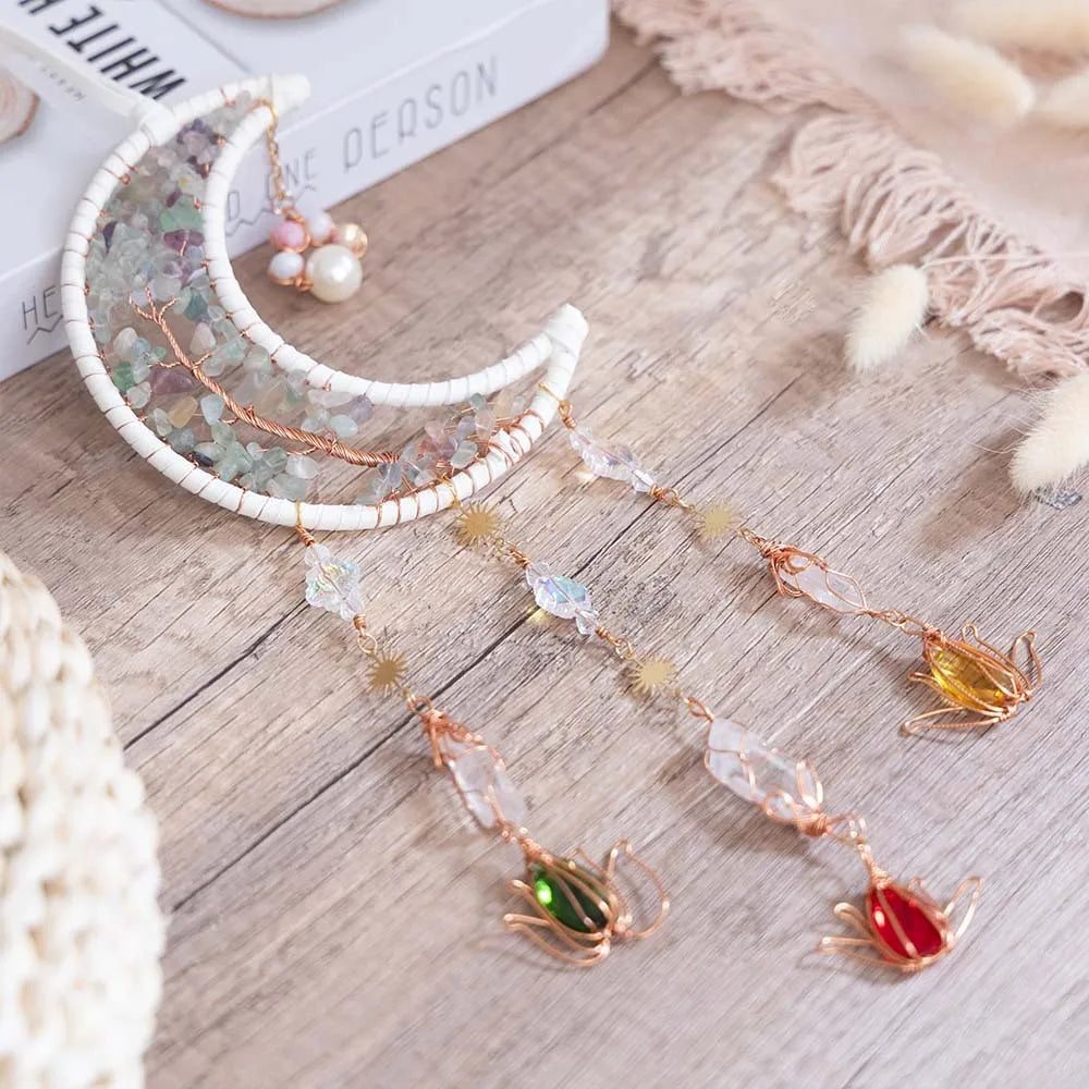 Crystal Moon Dreamcatcher 🌙 – Suncatcher & Wind Chime for Boho Rooms & Magical Spaces